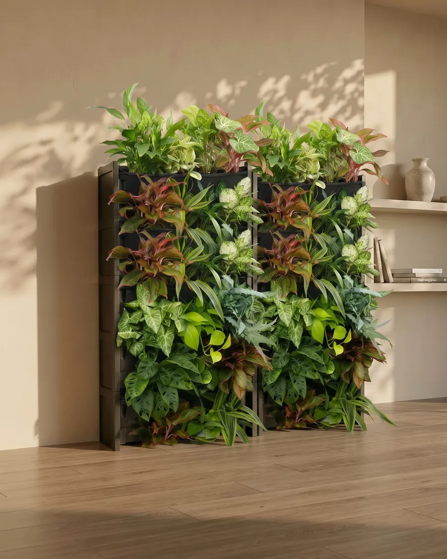 PlantBox Set of 10 indoors, planted into a full-height living wall