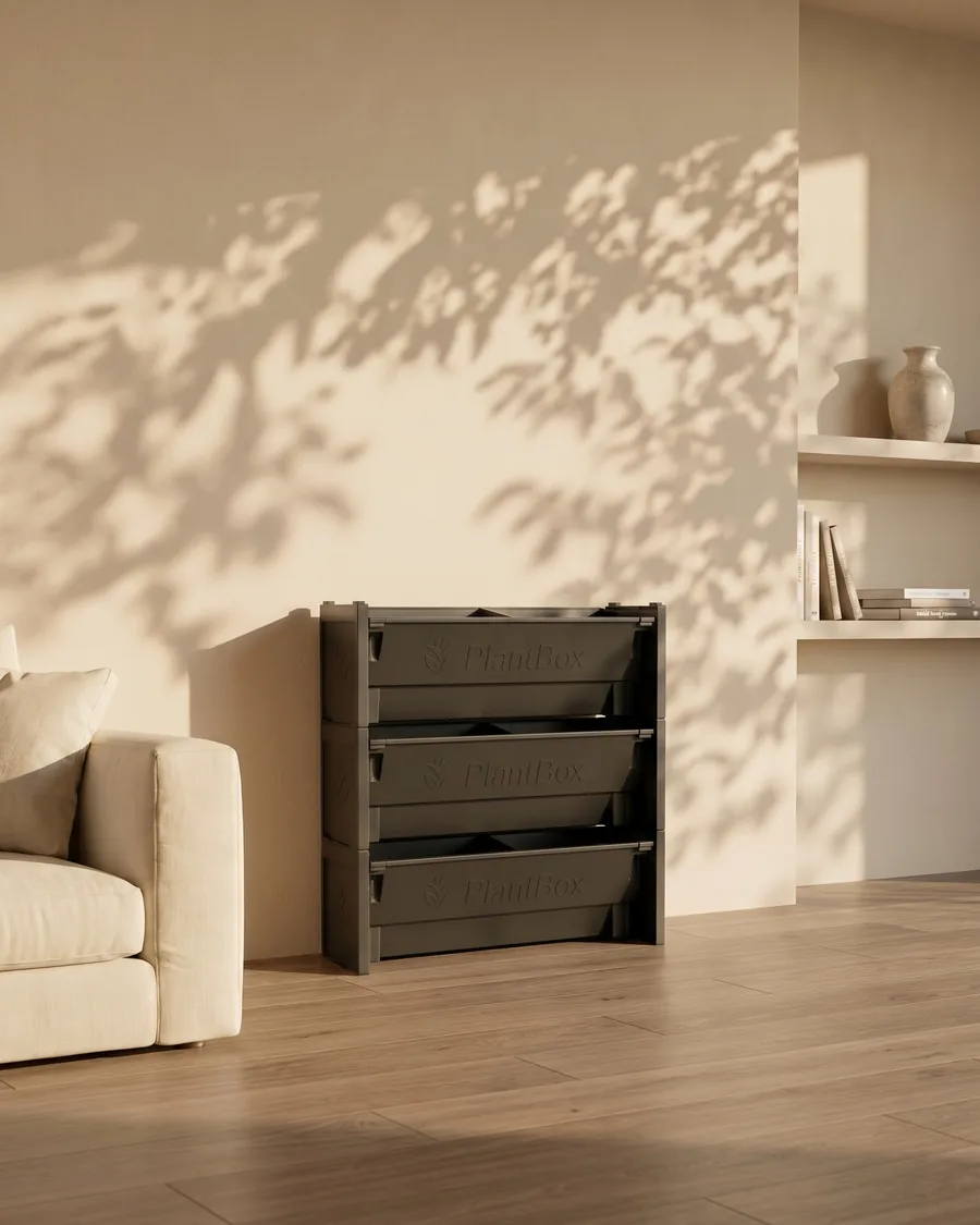 PlantBox Set of 3 indoors, three empty troughs against a wall