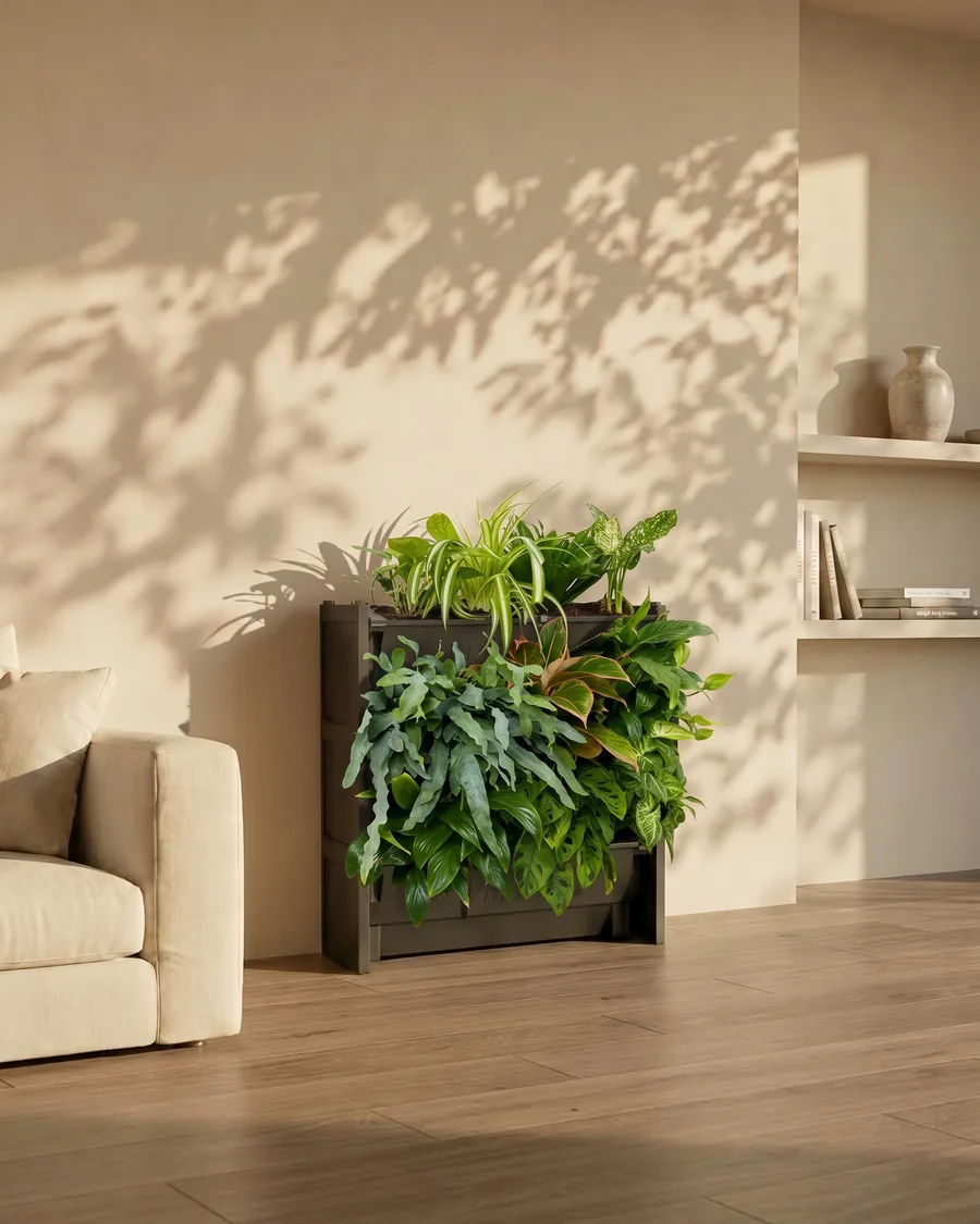 PlantBox Set of 3 indoors, planted with lush green foliage