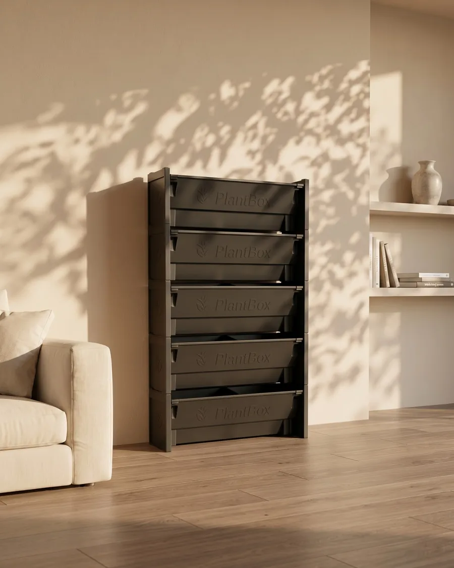 PlantBox Set of 5 indoors, five empty troughs against a wall