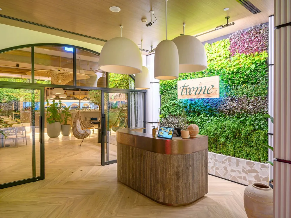 Reception desk in front of a living wall planted in green and purple foliage