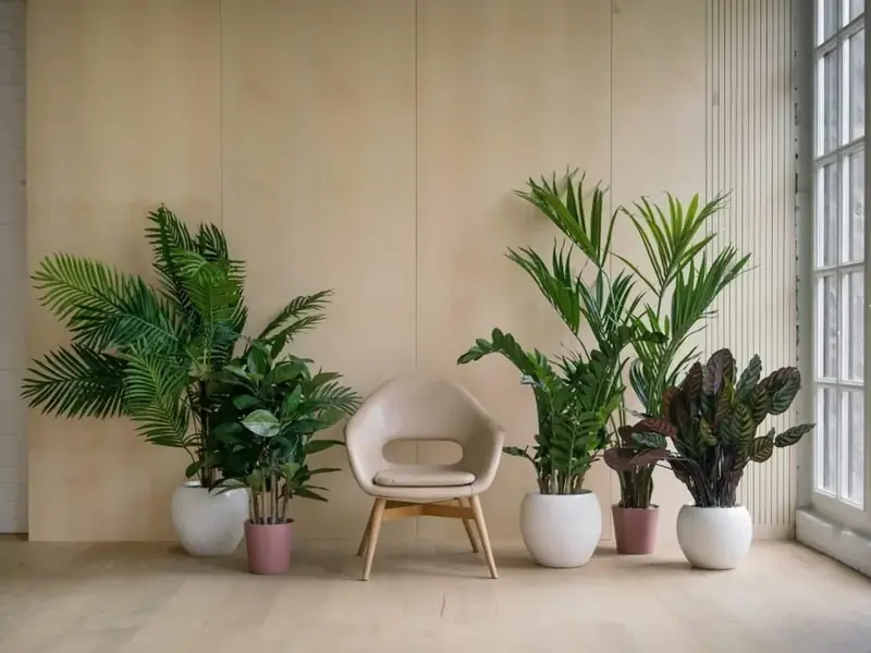 Large foliage plants grouped around a lounge chair by a window