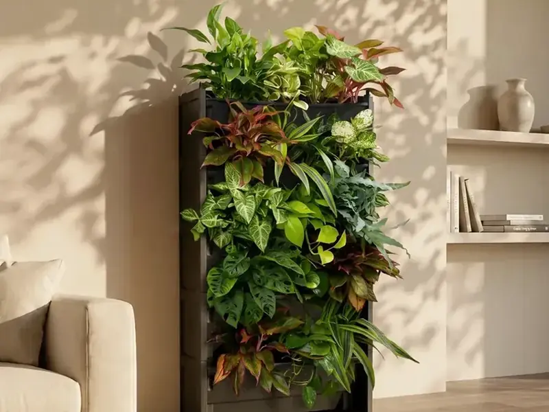A PlantBox stack planted with tropical foliage against a living room wall